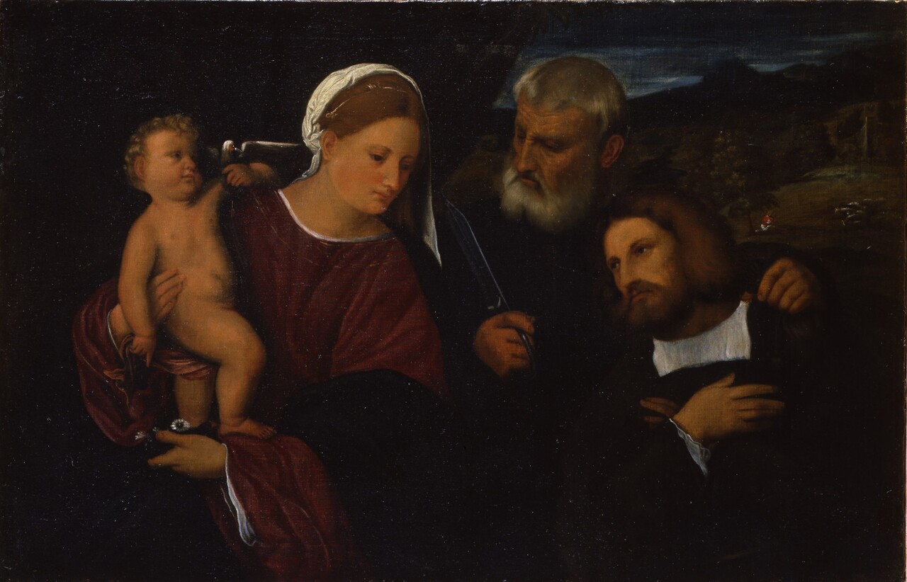 Madonna col Bambino, Sant'Omobono e un donatore (dipinto, opera isolata) - ambito italiano (fine XVI)