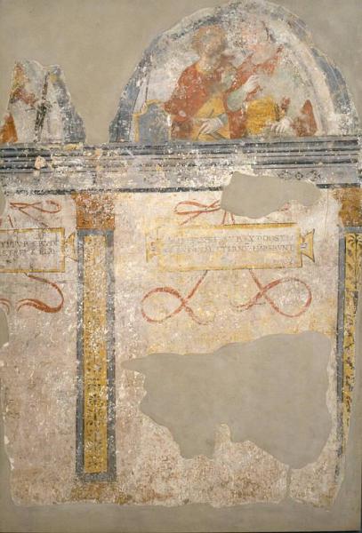 santo guerriero con vessillo, due santi martiri in abiti cavallereschi/ finta architettura (dipinto, elemento d'insieme) di Stella Fermo detto Fermo da Caravaggio (cerchia) (prima metà sec. XVI)