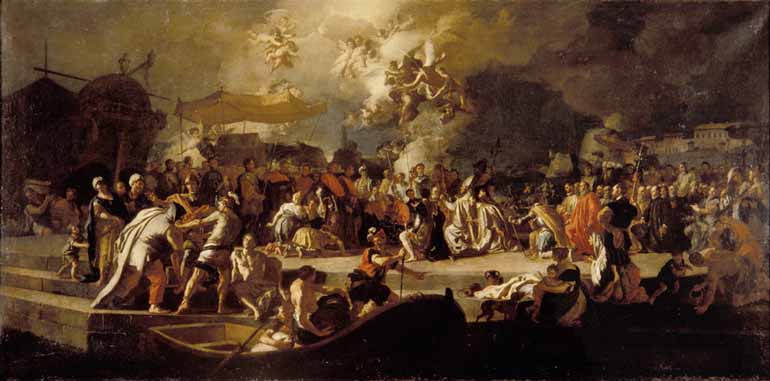 arrivo delle ceneri di San Giovanni Battista a Genova (dipinto, opera isolata) di Solimena Francesco detto Abate Ciccio (sec. XVIII)