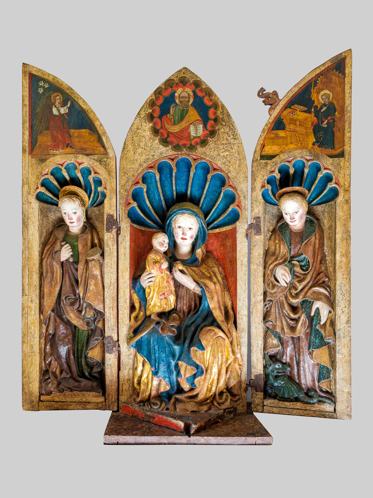 Madonna con Bambino, Sante Lucia e Margherita/ Eterno Padre benedicente/ Annunciazione (trittico, opera isolata) di Malacrida Giovanni Pietro (seconda metà sec. XV)