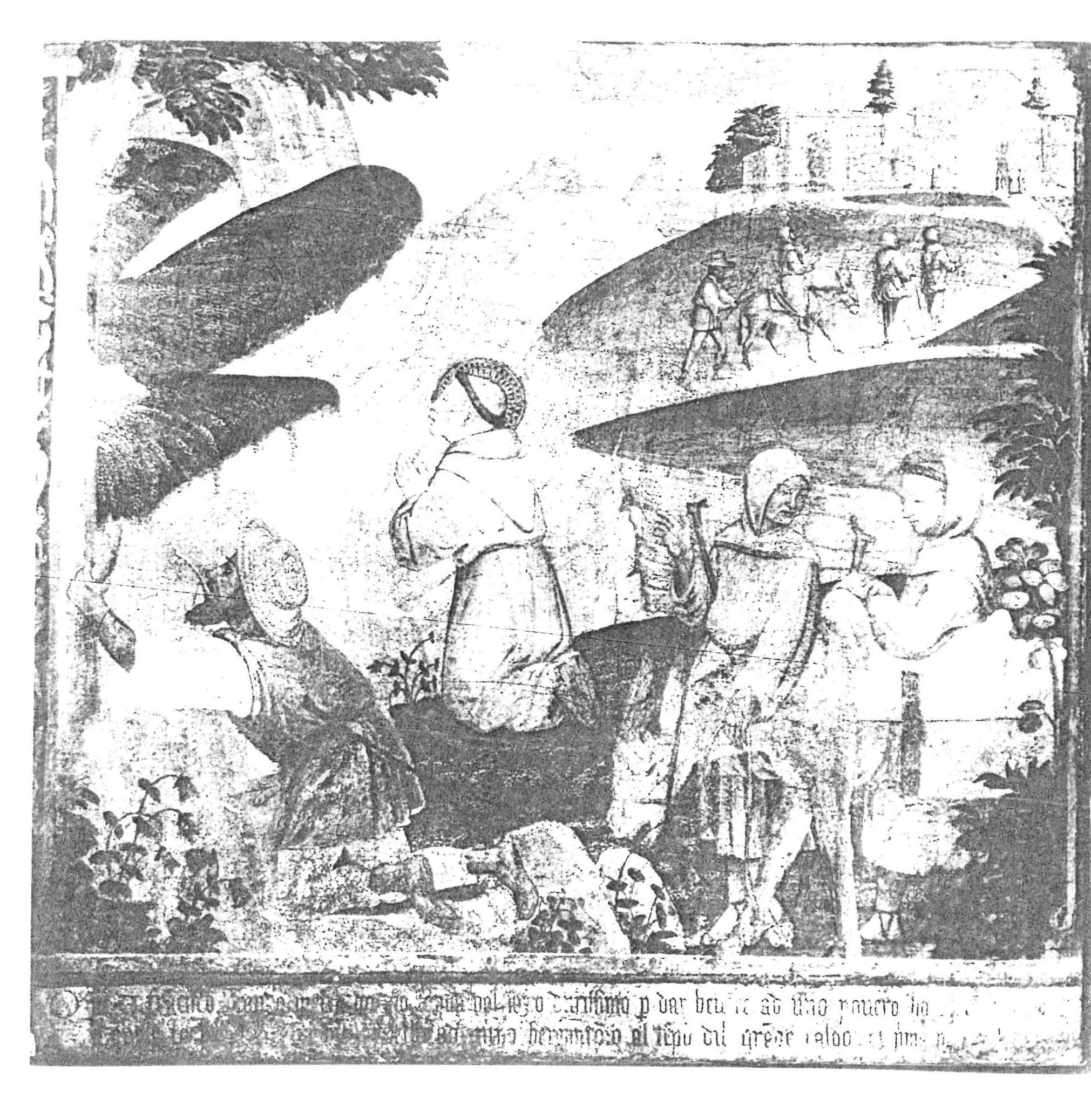 San Francesco cheide ad un povero la cavalcatura (dipinto, opera isolata) di Jacopino de' Scipioni da Averara (attribuito) (fine/ inizio secc. XV/ XVI)