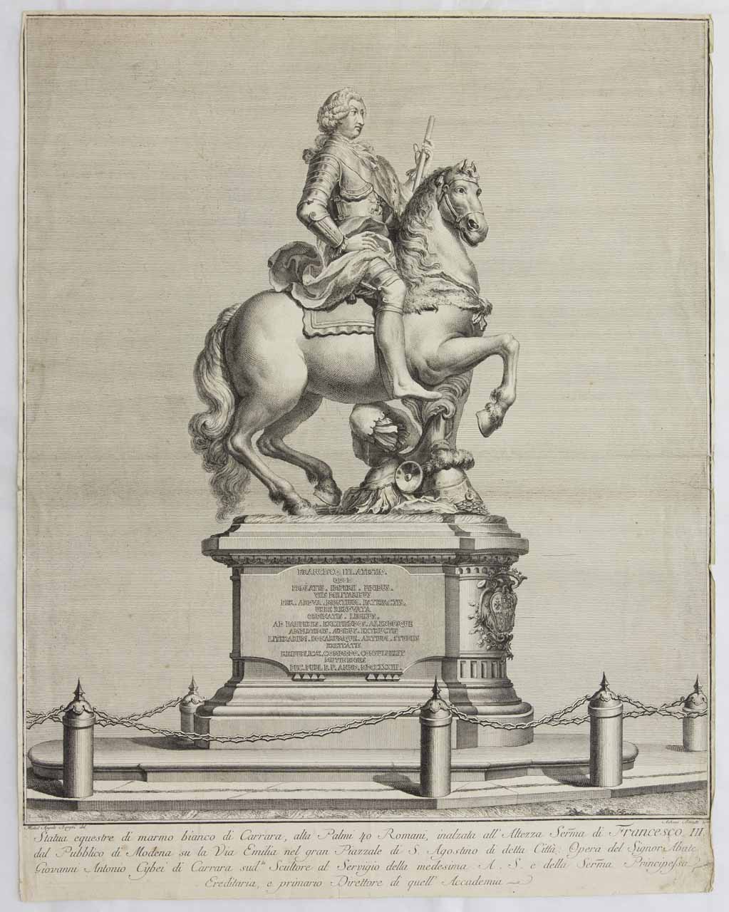 Monumento equestre di Francesco III d'Este (stampa smarginata) di Baratti Antonio, Borghi Michelangelo, Cybei Giovanni Antonio - ambito bellunese (sec. XVIII)