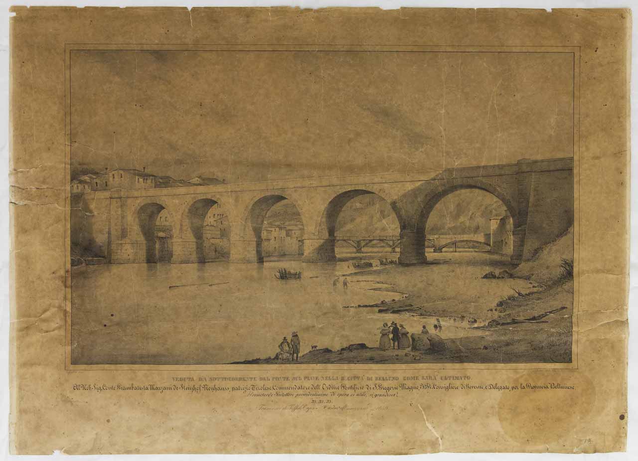 Veduta di Belluno con ponte sul Piave (stampa) di Caffi Ippolito, Silli Antonio - ambito bellunese (sec. XIX)