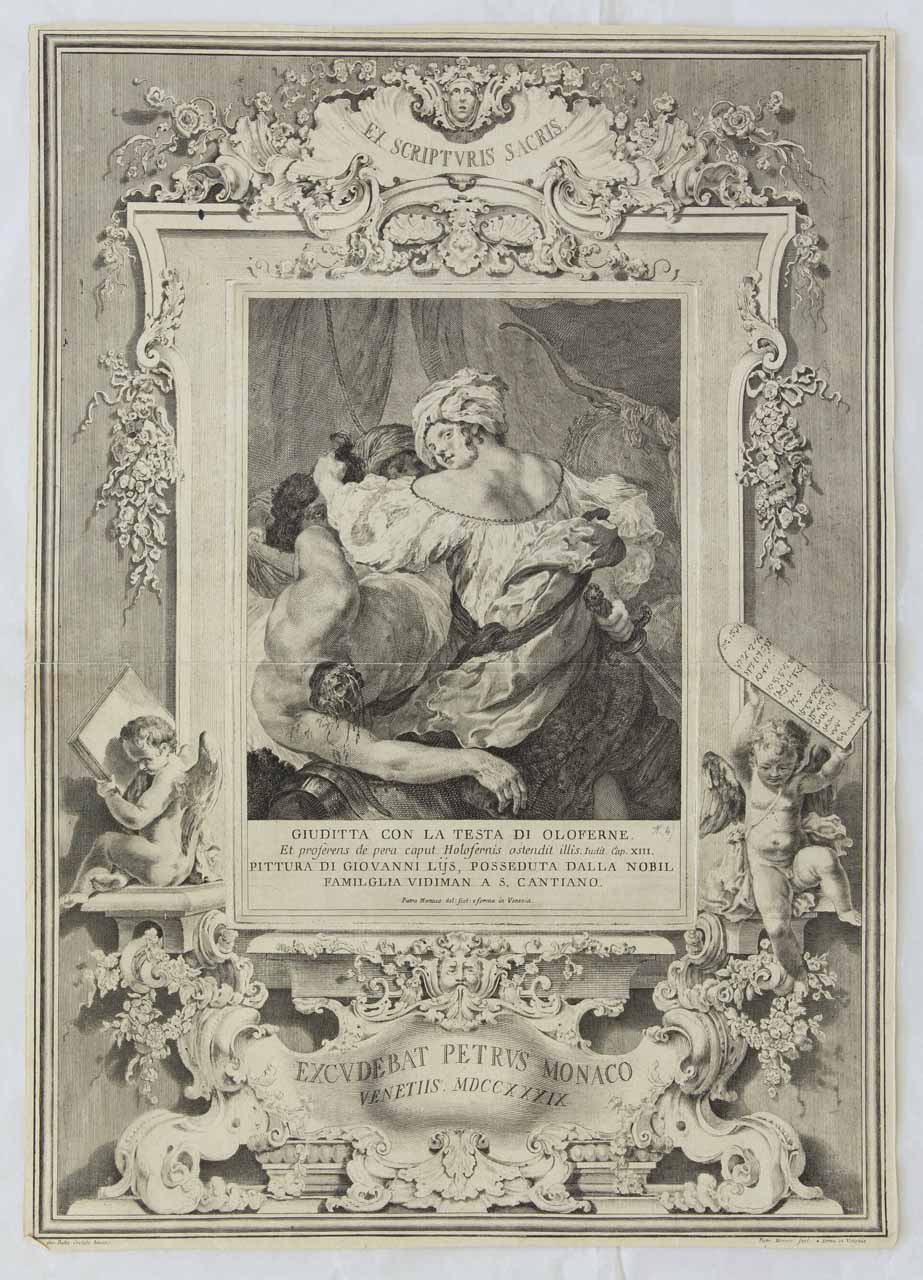 Giuditta con la testa di Oloferne (stampa smarginata) di Monaco Pietro, Crosato Giovanni Battista, Liss Johann - ambito bellunese (sec. XVIII)