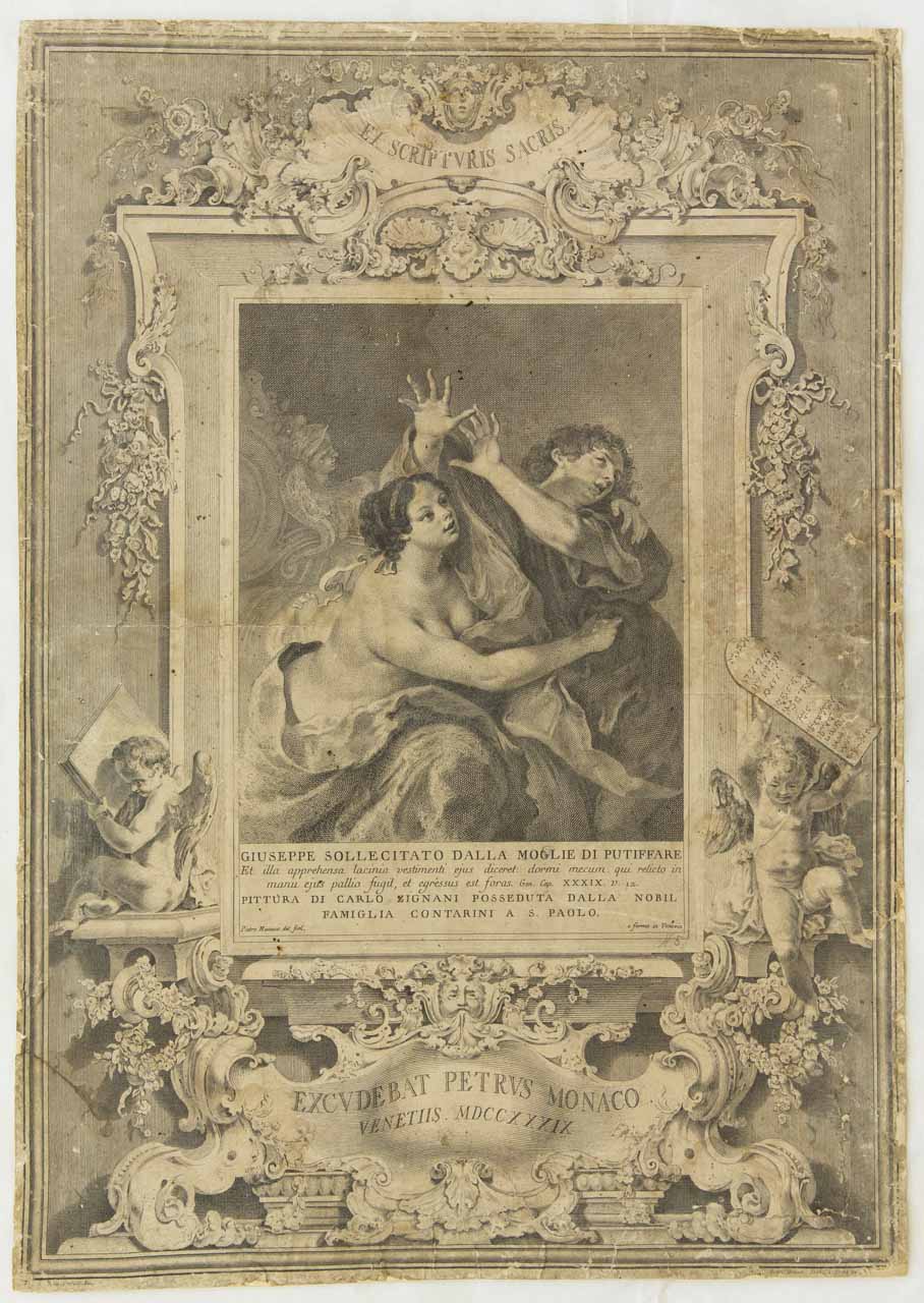 Giuseppe e la moglie di Putifarre (stampa smarginata) di Monaco Pietro, Crosato Giovanni Battista, Cignani Carlo - ambito bellunese (sec. XVIII)