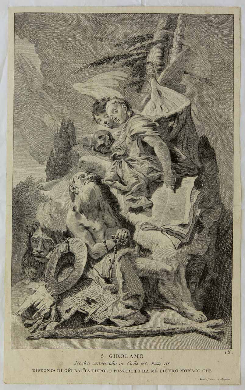 San Girolamo e angeli (stampa smarginata) di Monaco Pietro, Tiepolo Giovanni Battista - ambito bellunese (sec. XVIII)