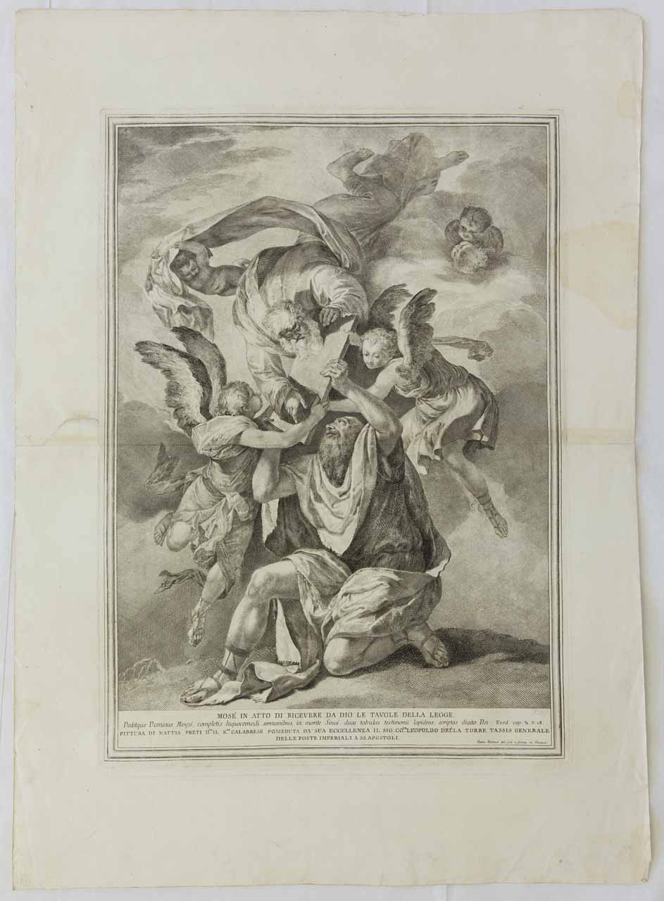 Mosè riceve le tavole della legge (stampa) di Monaco Pietro, Preti Mattia detto Cavalier Calabrese - ambito bellunese (sec. XVIII)