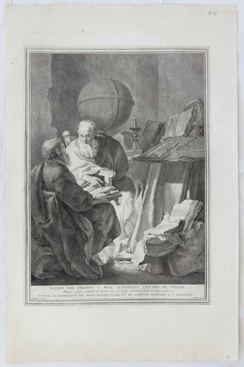 Eliseo predice attentati (stampa) di Monaco Pietro, Rembrandt Harmenszoon van Rijn - ambito bellunese (sec. XVIII)