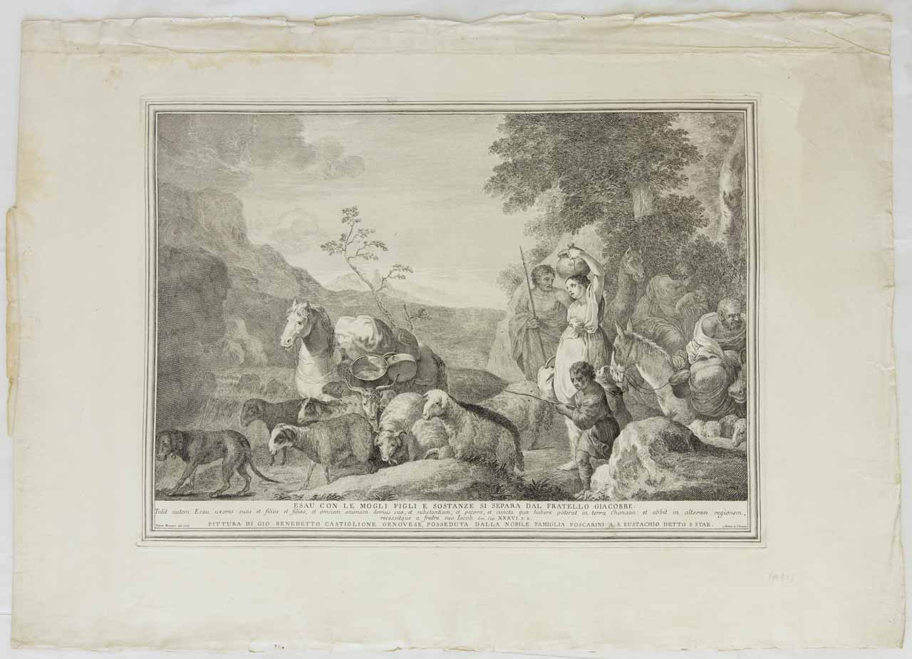 Partenza di Esaù (stampa) di Monaco Pietro, Castiglione Giovanni Benedetto detto Grechetto - ambito bellunese (sec. XVIII)