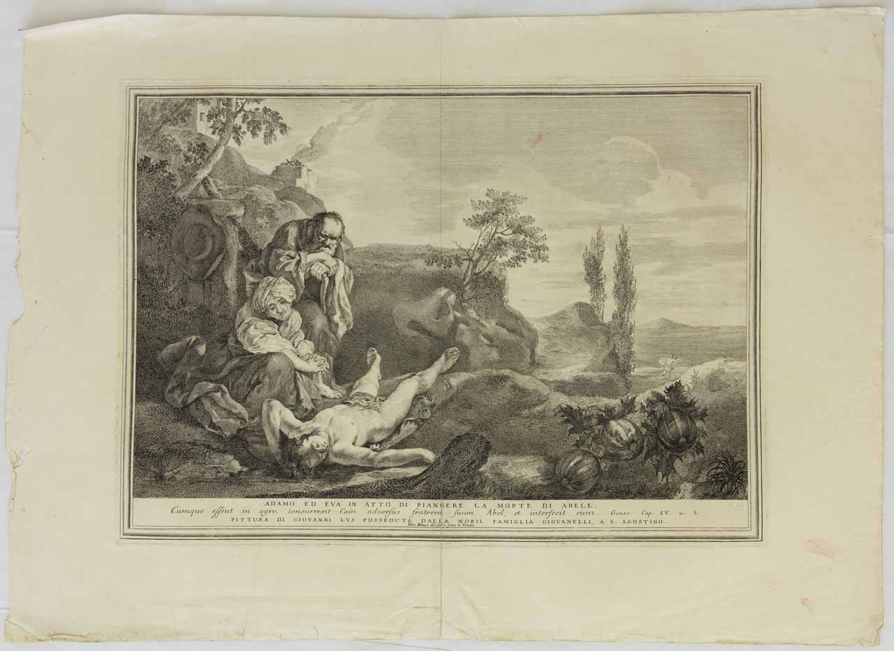 Adamo ed Eva piangono la morte di Abele (stampa) di Monaco Pietro, Liss Johann - ambito bellunese (sec. XVIII)