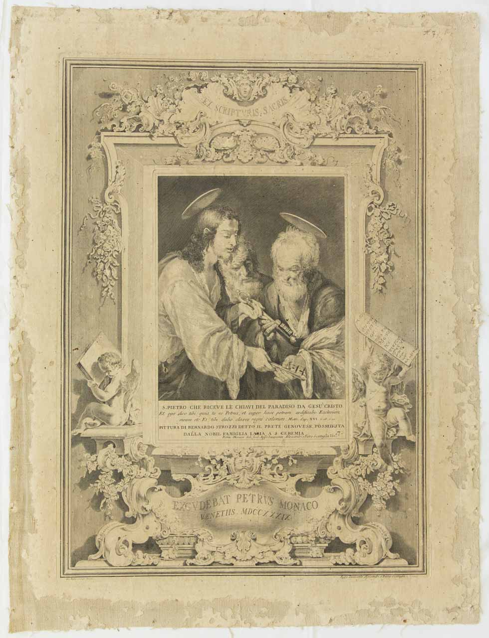 Cristo consegna le chiavi a San Pietro (stampa controfondata) di Monaco Pietro, Strozzi Bernardo, Crosato Giovanni Battista - ambito bellunese (sec. XVIII)