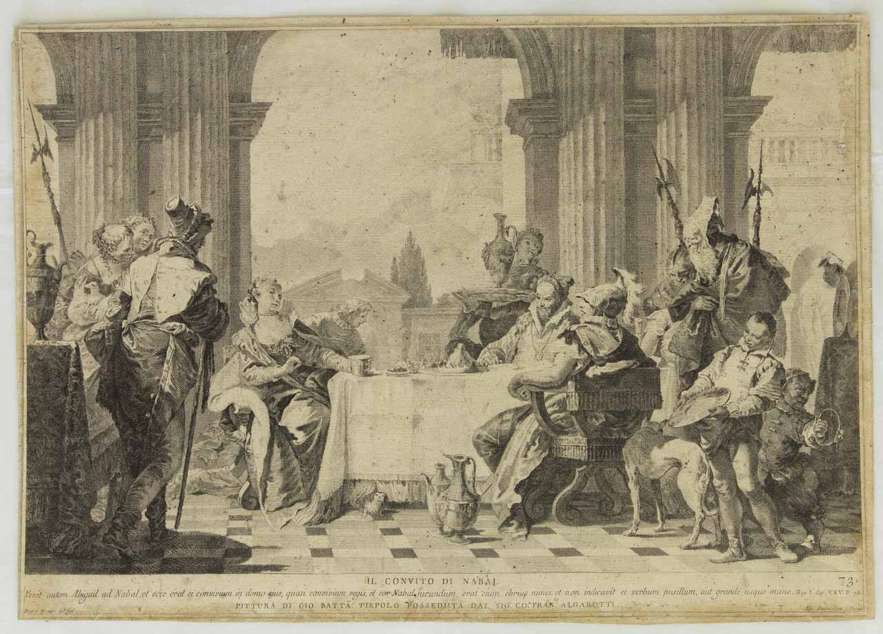 Convito di Nabal (stampa controfondata smarginata) di Monaco Pietro, Tiepolo Giovanni Battista - ambito bellunese (sec. XVIII)
