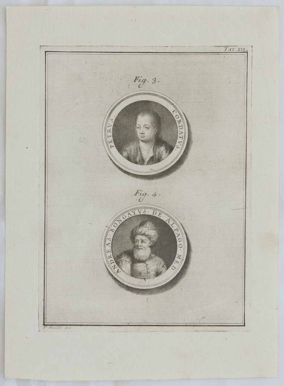 Medaglioni con ritratti di Pietro Cordato e Andrea Alpago (stampa) di Monaco Francesco - ambito bellunese (sec. XVIII)