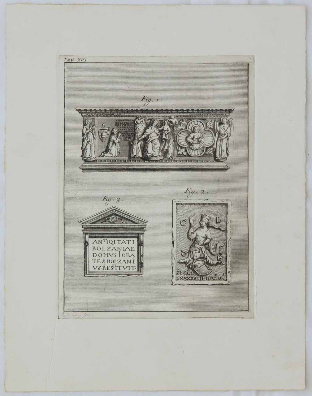 Fronte dell'arca di Federico degli Azzoni e due reperti (stampa) di Monaco Francesco - ambito bellunese (sec. XVIII)