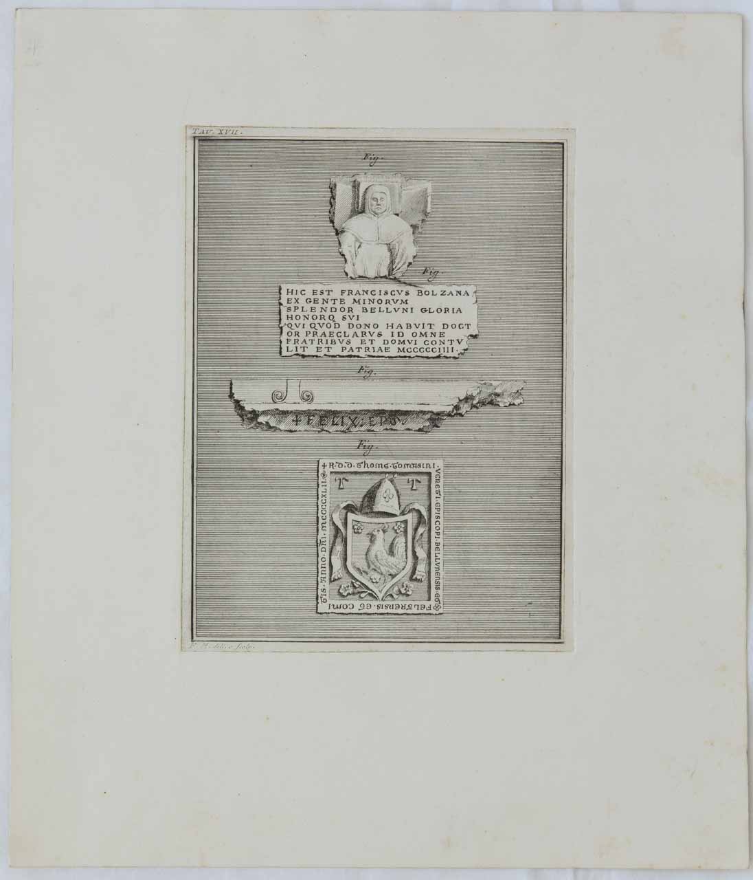 Frammenti di lapidi e stemma (stampa) di Monaco Francesco - ambito bellunese (sec. XVIII)