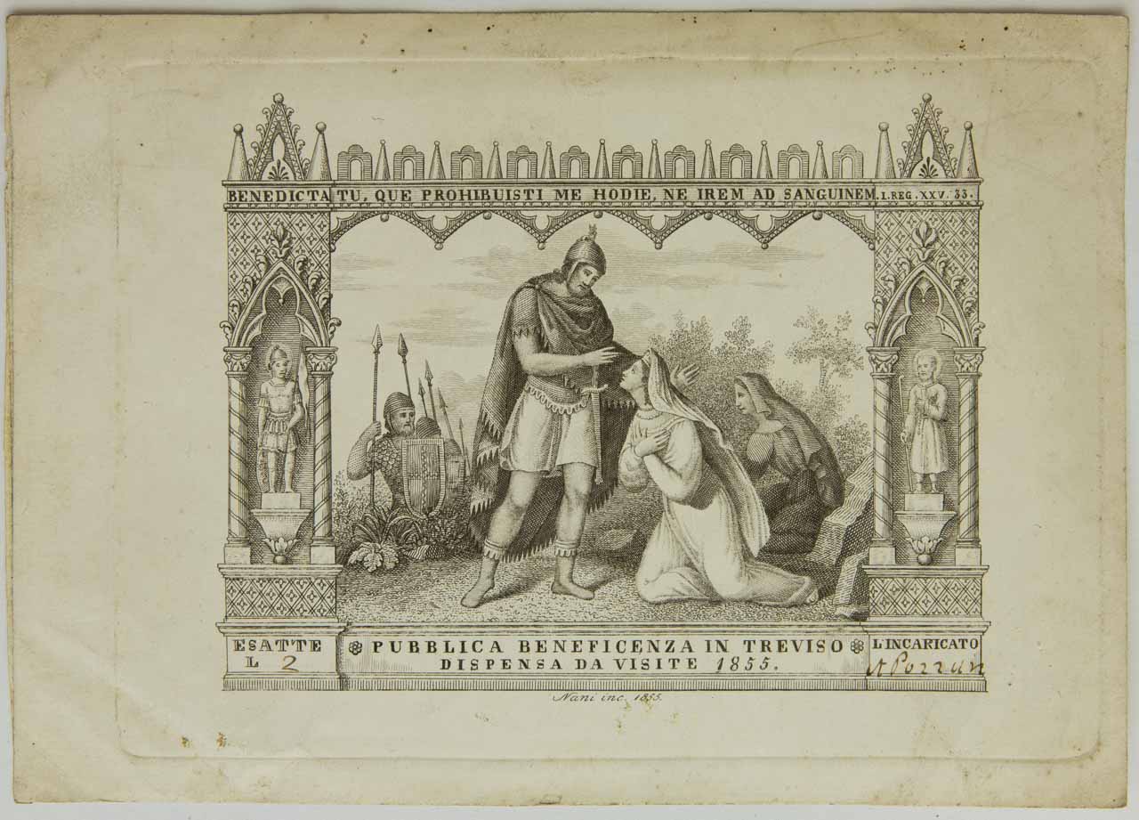 Cavaliere che benedice una donna (stampa) di Nani Antonio - ambito bellunese (sec. XIX)