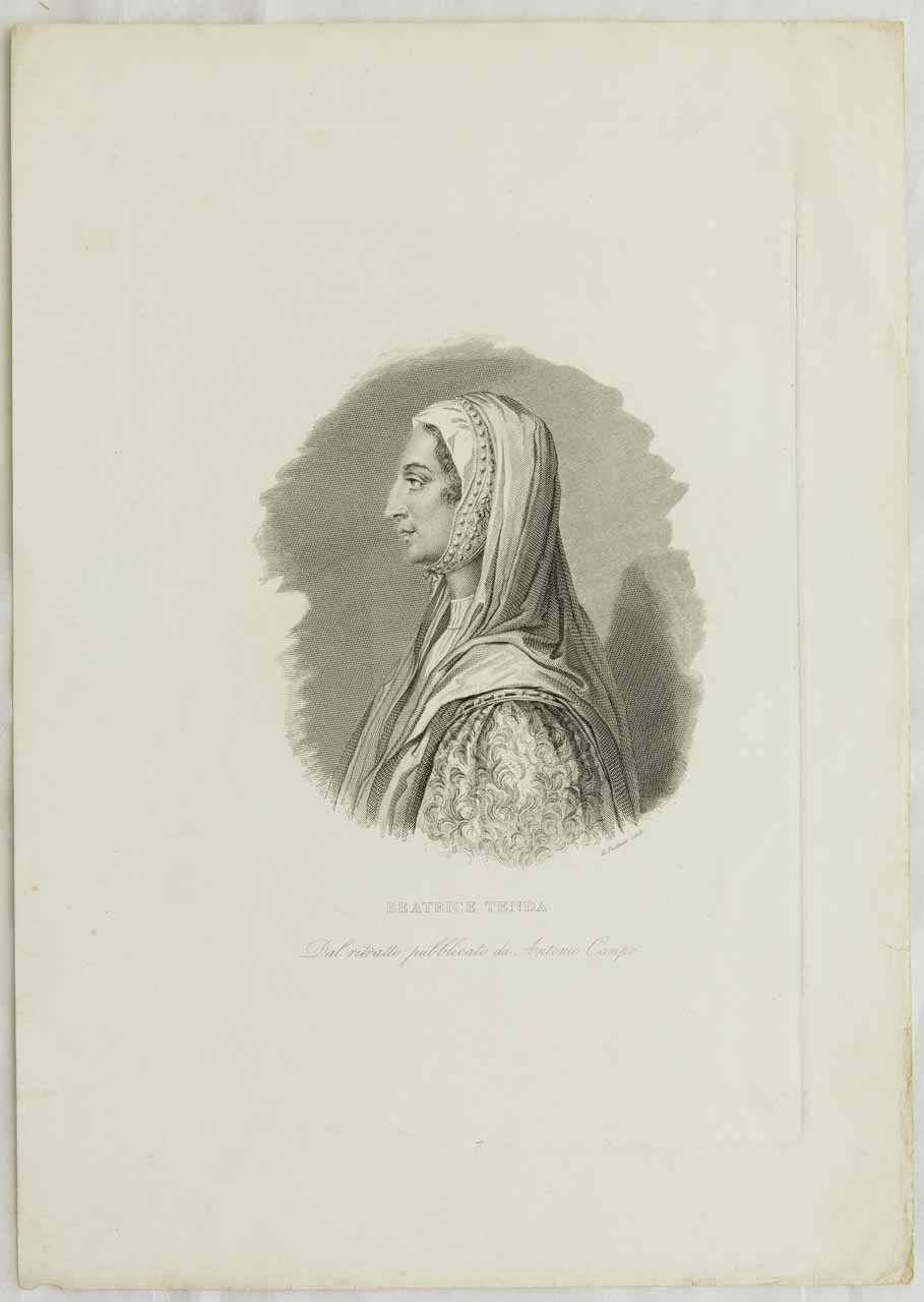 Ritratto di Beatrice di Tenda (stampa) di Fusinati Giuseppe, Carracci Agostino - ambito lombardo (sec. XIX)