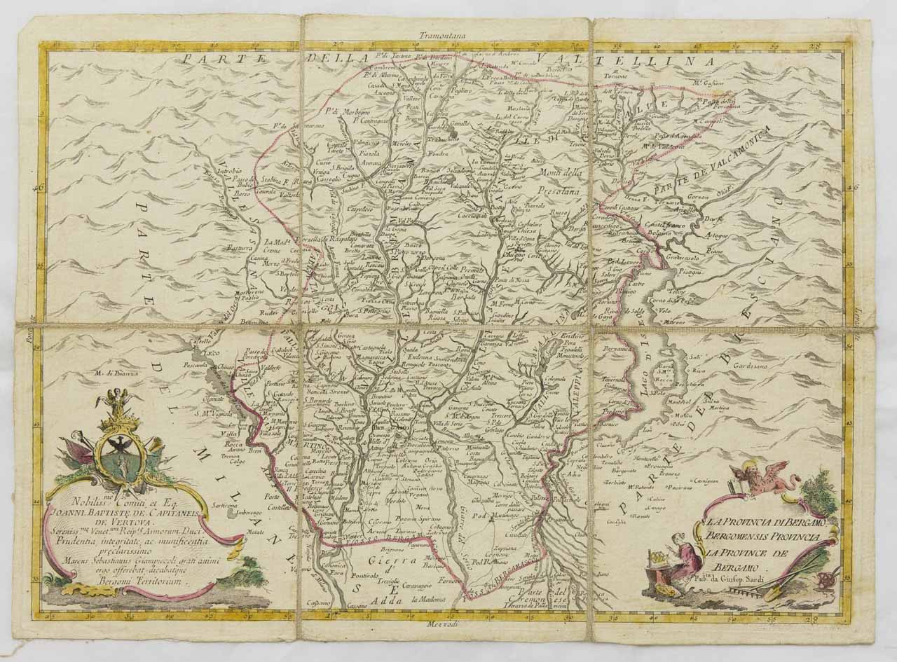 Mappa della provincia di Bergamo (stampa controfondata smarginata tagliata) di Giampiccoli Marco Sebastiano - ambito veneto (sec. XVIII)