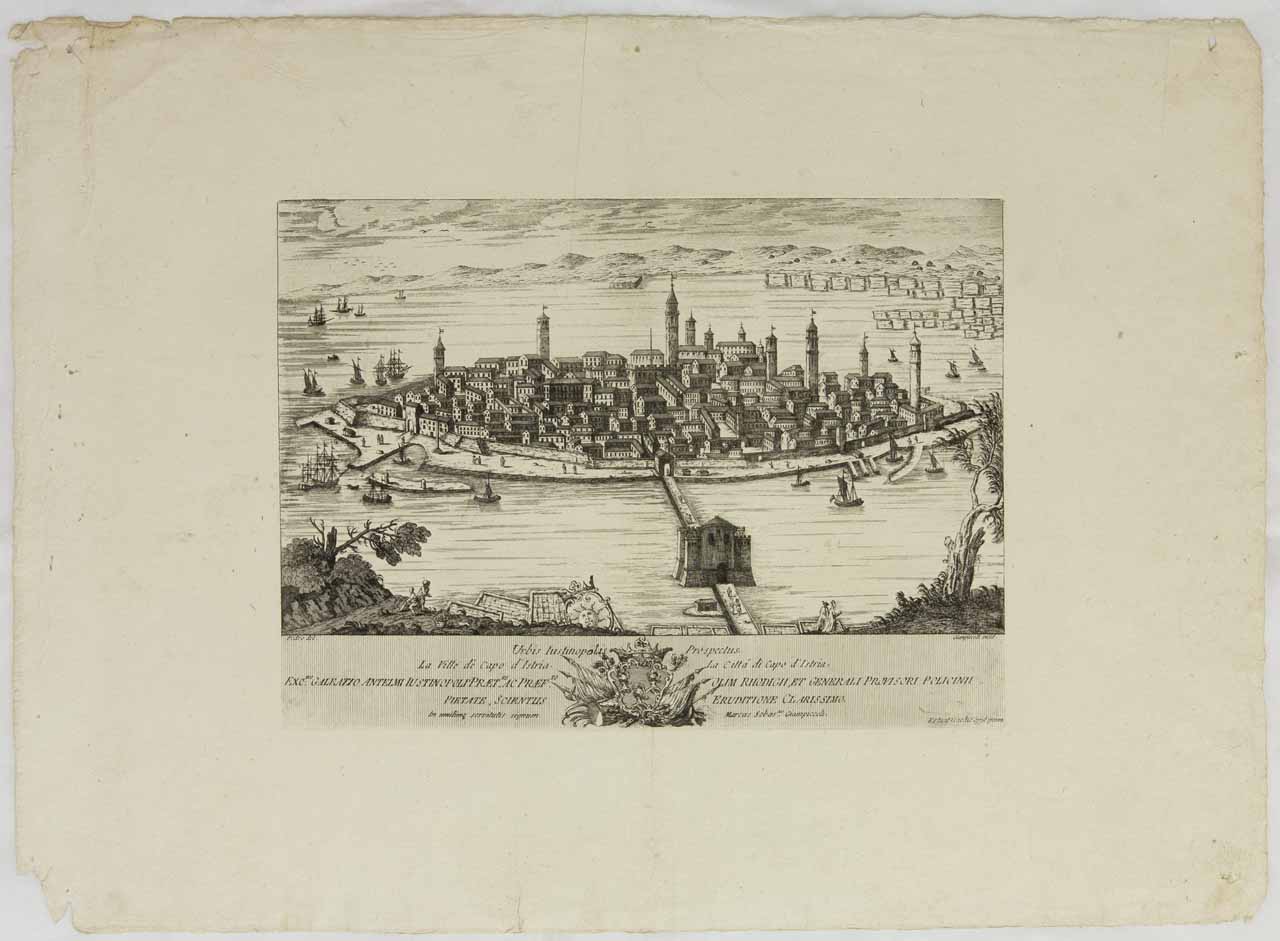 Veduta di Capo d'Istria (stampa) di Giampiccoli Marco Sebastiano, Del Pedro Francesco - ambito veneziano (sec. XVIII)