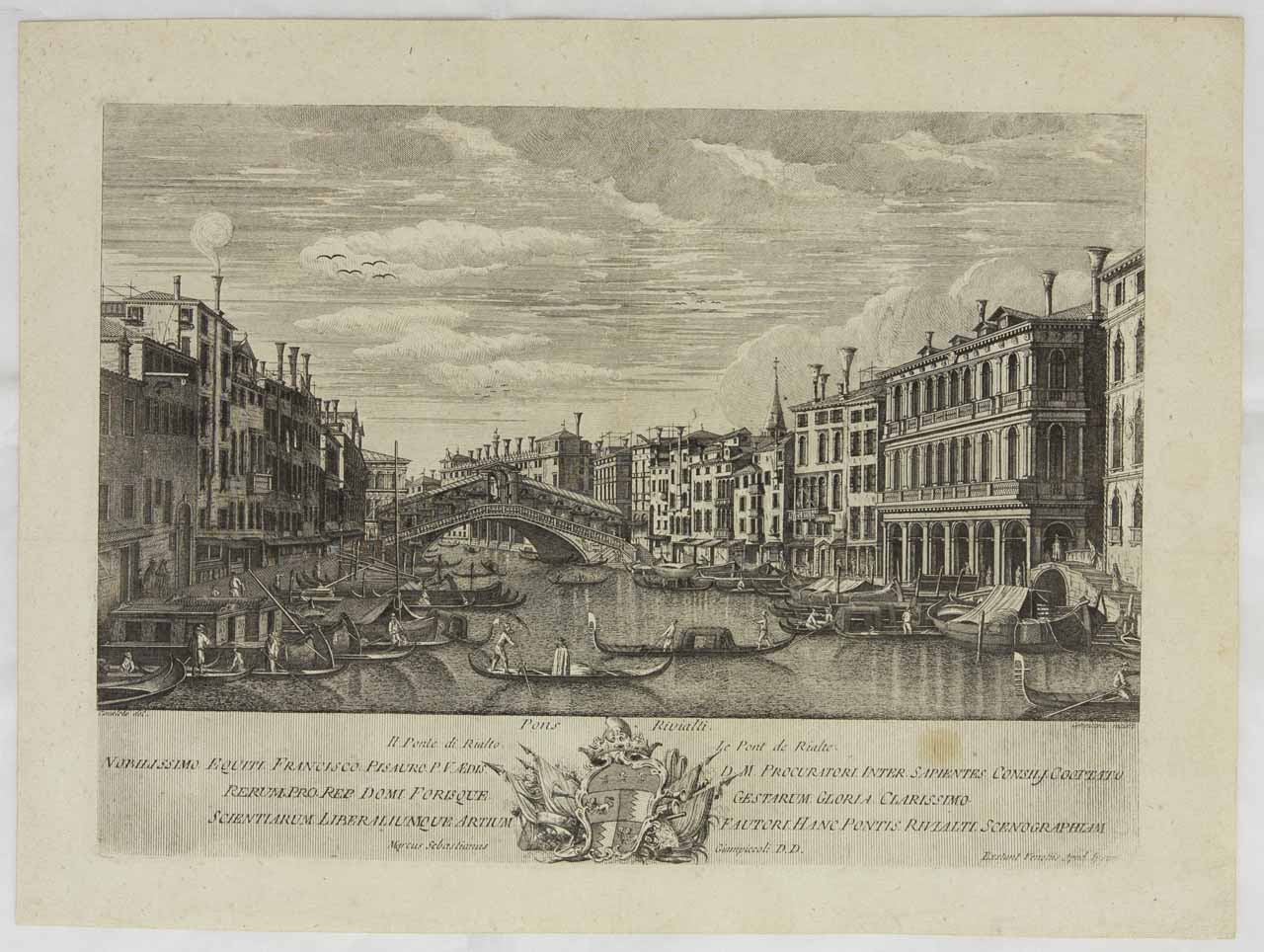 Veduta del Ponte di Rialto (stampa, serie) di Giampiccoli Marco Sebastiano, Canal Antonio detto Canaletto, Visentini Antonio - ambito veneziano (sec. XVIII)