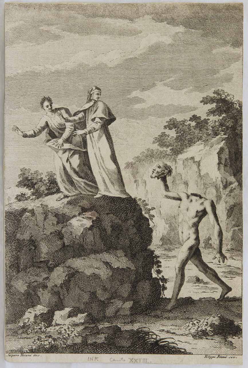 Dante, Virgilio e Bertram del Bornio (stampa tagliata, serie) di Rizzi Filippo, Diziani Gaspare - ambito veneziano (sec. XVIII)