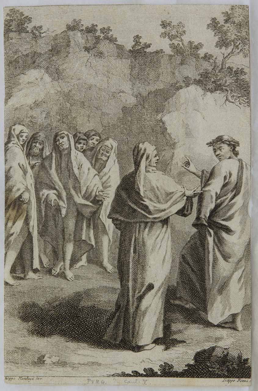 Dante e Virgilio incontrano i morti per forza (stampa tagliata, serie) di Rizzi Filippo, Marcaggi Filippo - ambito veneziano (sec. XVIII)