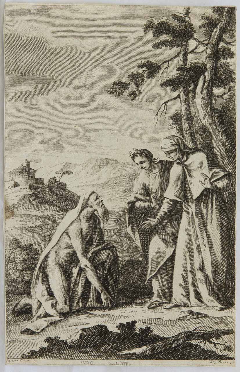 Dante, Virgilio e Sordello (stampa tagliata, serie) di Rizzi Filippo, Diziani Gaspare - ambito veneziano (sec. XVIII)