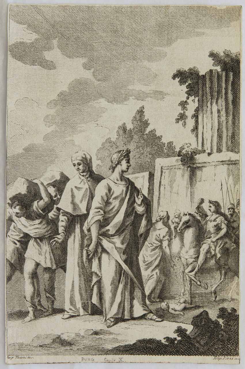 Dante e Virgilio ammirano il bassorilievo con Traiano e la vedova (stampa tagliata, serie) di Rizzi Filippo, Diziani Gaspare - ambito veneziano (sec. XVIII)