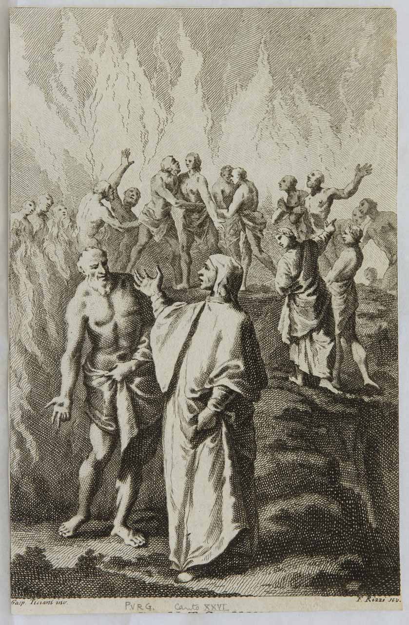 Dante, Virgilio e Stazio incontrano le anime dei lussuriosi (stampa tagliata, serie) di Rizzi Filippo, Diziani Gaspare - ambito veneziano (sec. XVIII)