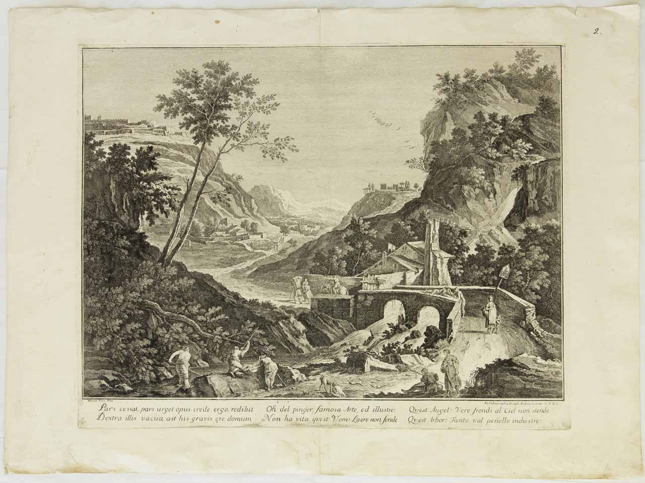 Pesaggio con pescatori e viandanti (stampa) di Ignoto, Ricci Marco - ambito veneziano (sec. XVIII)