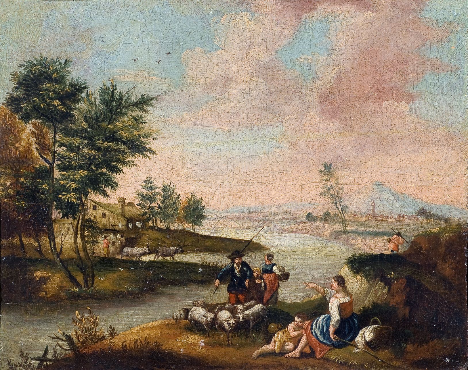 Paesaggio con fiume, pastori e borgo di case (dipinto, opera isolata) di Zuccarelli Francesco (maniera) - ambito veneto (seconda metà XVIII)