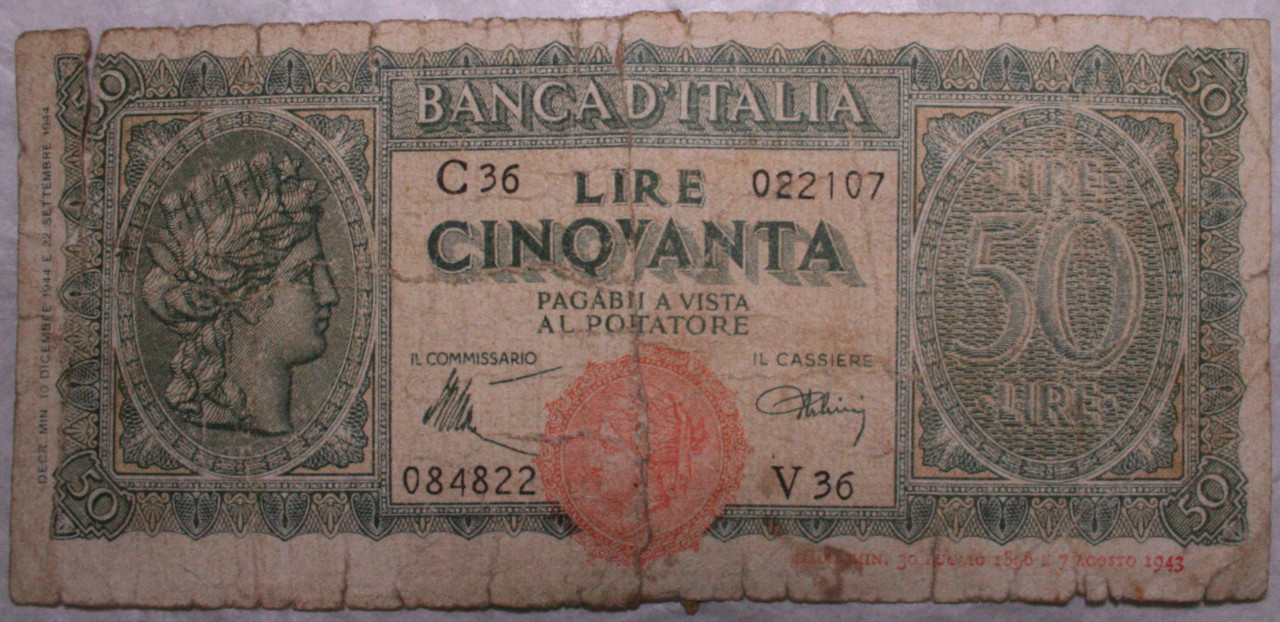 banconota - 50 lire - Ambito italiano (SECOLI/ XX)