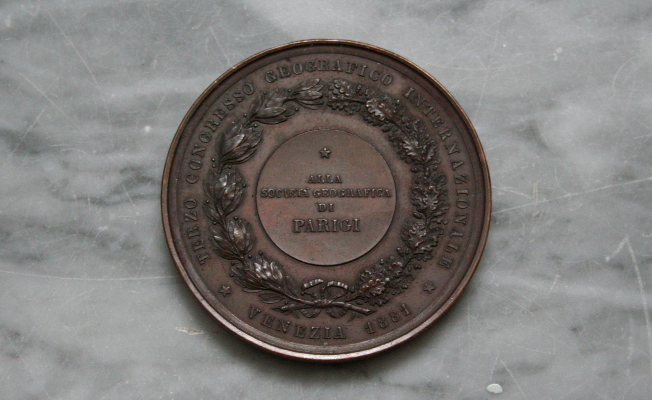 Terzo congresso geografico internazionale - Alla Società Geografica di Parigi (medaglia, opera isolata) di Giulio Monteverde, Filippo Speranza, Zecca di Roma (XIX secolo)