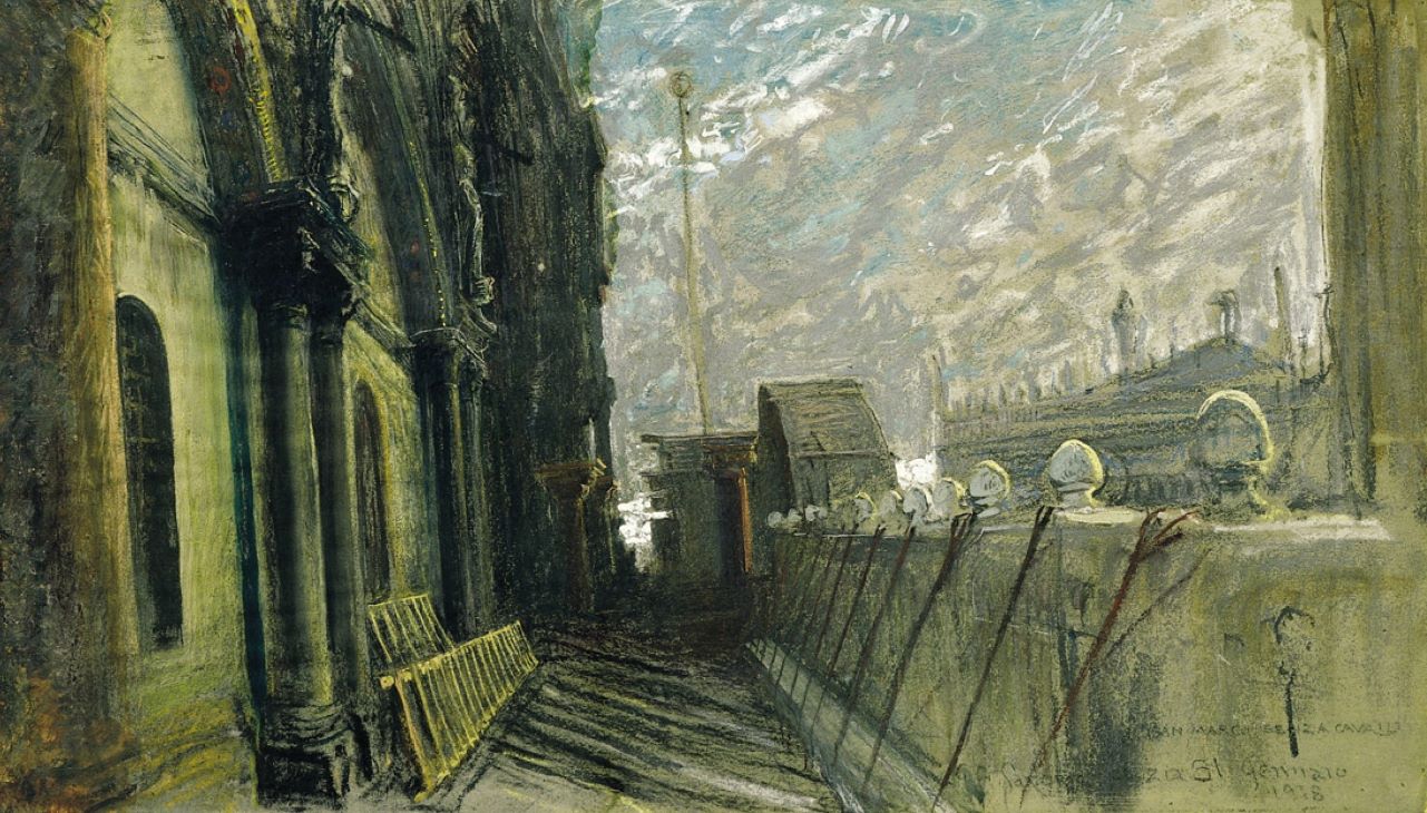 San Marco senza cavalli, Veduta della Basilica di San Marco, particolare esterno (disegno) di Sartorio Giulio Aristide (sec. XX)