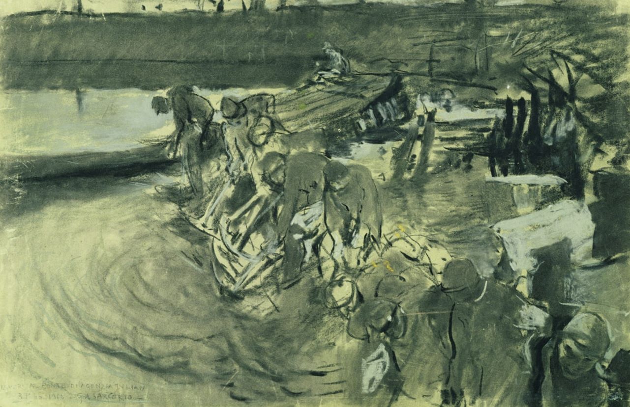 Lavori al ponte di Agenzia Zulian, Ricostruzione del ponte, uomini al lavoro ricostruiscono un ponte (disegno) di Sartorio Giulio Aristide (sec. XX)