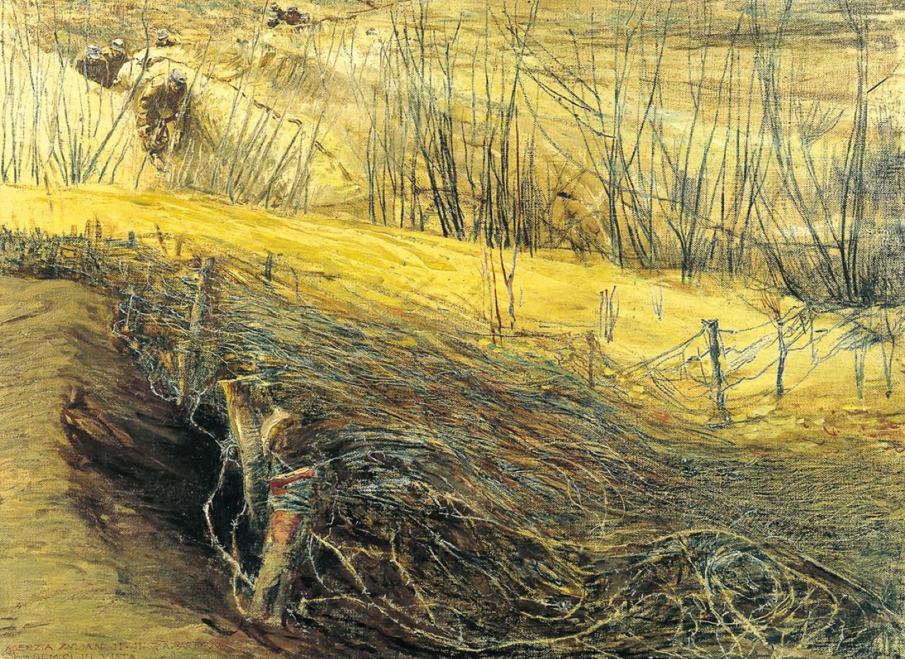 Agenzia Zulian nemici in vista, trincea con il filo spinato (dipinto) di Sartorio Giulio Aristide (sec. XX)