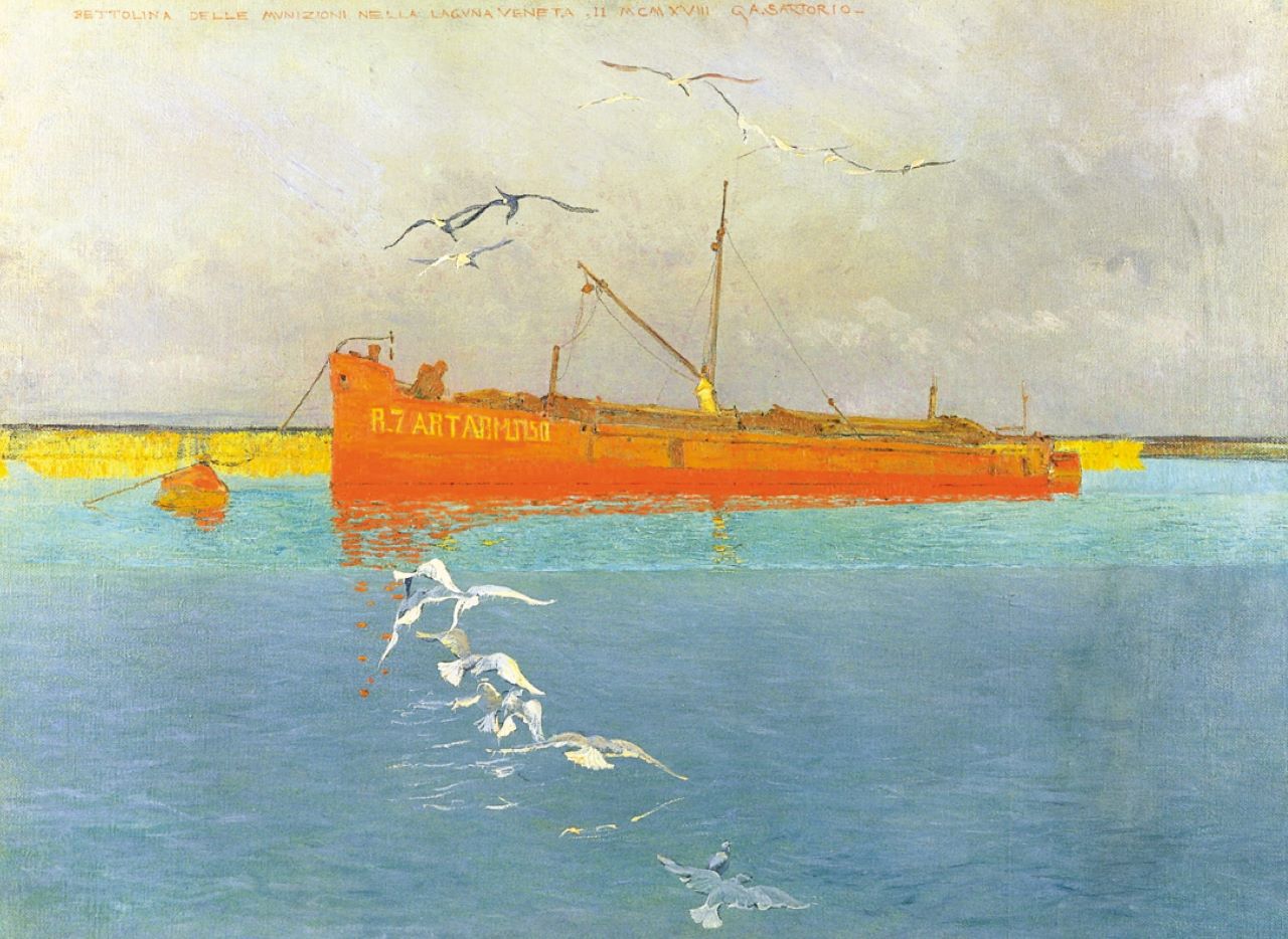 Bettolina delle munizioni nella laguna veneta, paesaggio con piccola nave ormeggiata (dipinto) di Sartorio Giulio Aristide (sec. XX)