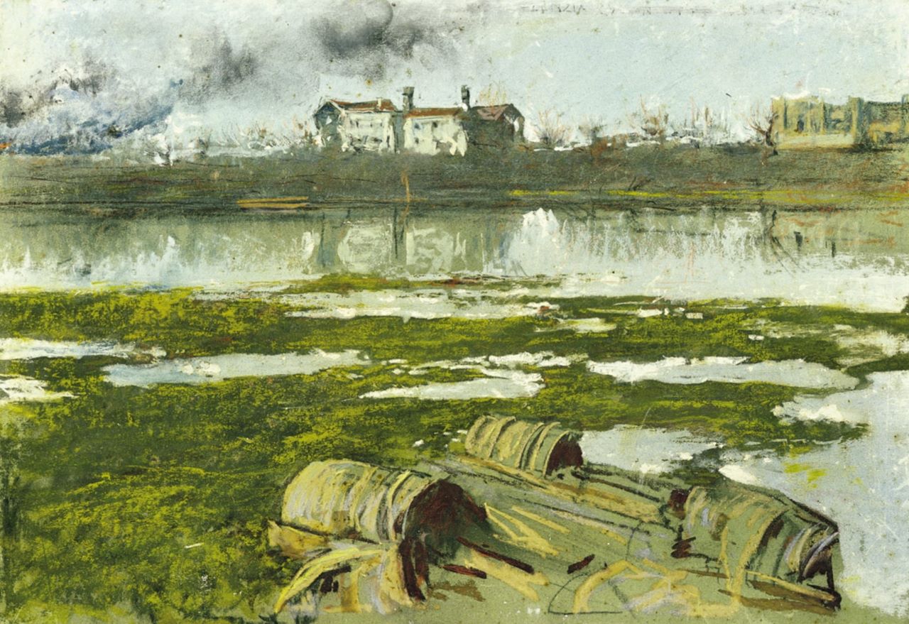 Agenzia Zulian, paesaggio di guerra (disegno) di Sartorio Giulio Aristide (sec. XX)