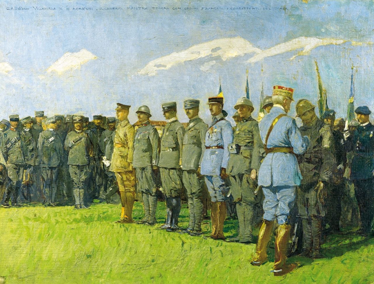 Il Generale Maistre decora con ordini francesi, Premiazione a Villa Verle, cerimonia militare (dipinto) di Sartorio Giulio Aristide (sec. XX)