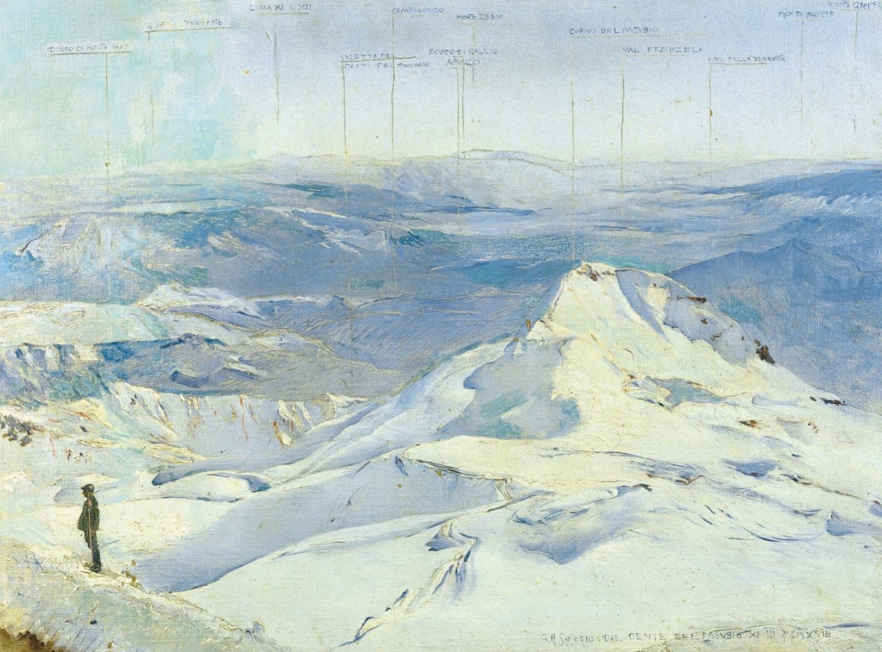 Dal Dente del Pasubio, Il campo di battaglia visto dal Dente del Pasubio, montagne innevate (dipinto) di Sartorio Giulio Aristide (sec. XX)