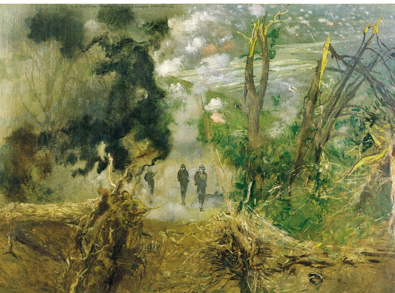 Montello, soldati in perlustrazione (dipinto) di Sartorio Giulio Aristide (sec. XX)