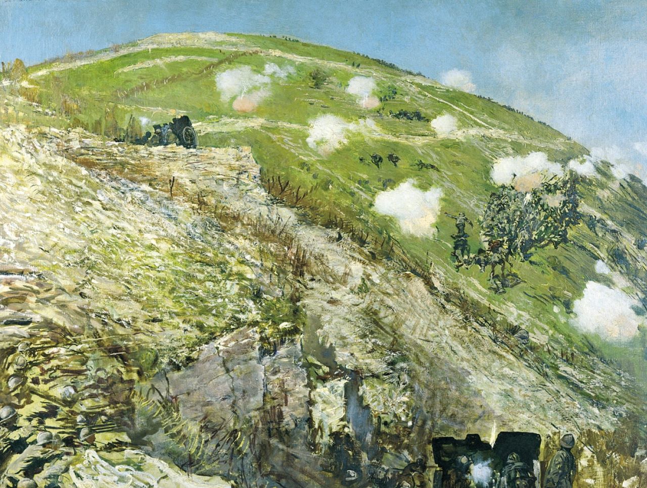 La Batteria VII del Cinquantesimo respinge l'attacco nemico, Azione della batteria 7 a Col Moschino, soldati in combattimento (dipinto) di Sartorio Giulio Aristide (sec. XX)