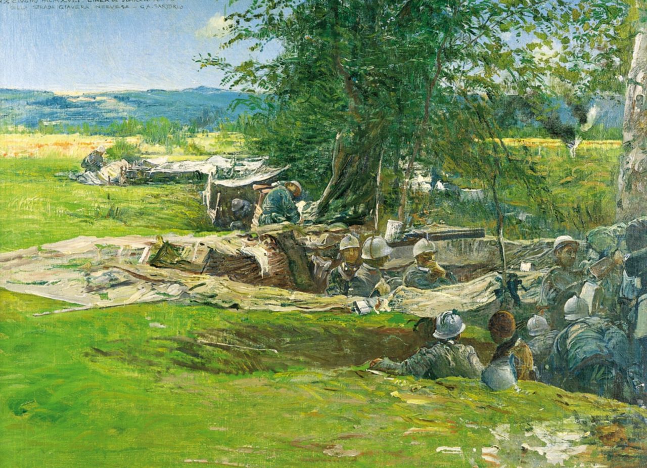Linea di sbarramento sulla strada di Giavera Nervesa, La linea del Sabato fra Giavera e Nervesa, soldati in trincea (dipinto) di Sartorio Giulio Aristide (sec. XX)