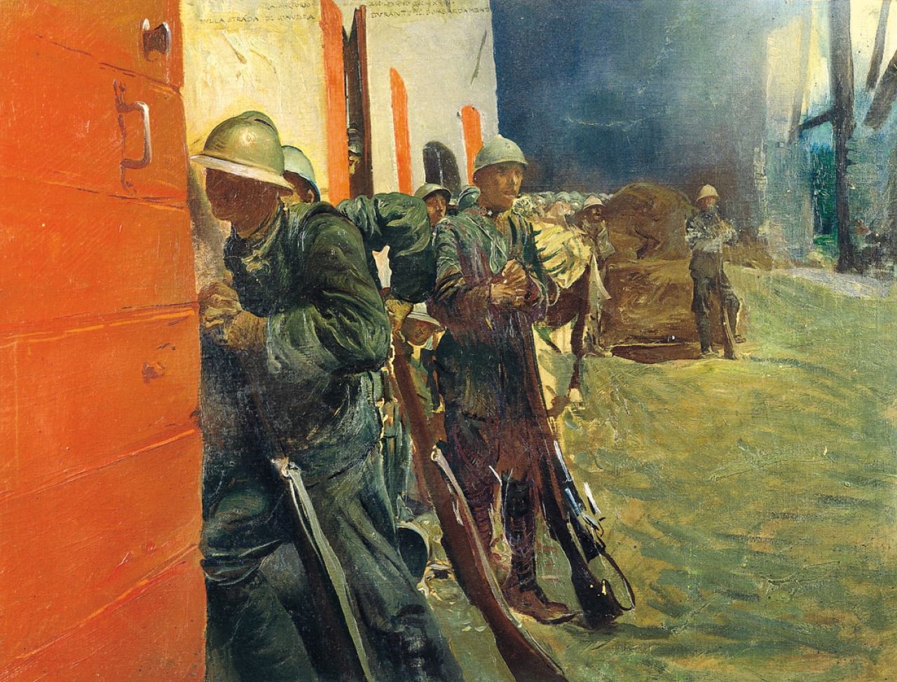 Sulla strada di Giavera durante il bombardamento, Nell'attesa di rientrare a Nervesa, soldati in attesa (dipinto) di Sartorio Giulio Aristide (sec. XX)