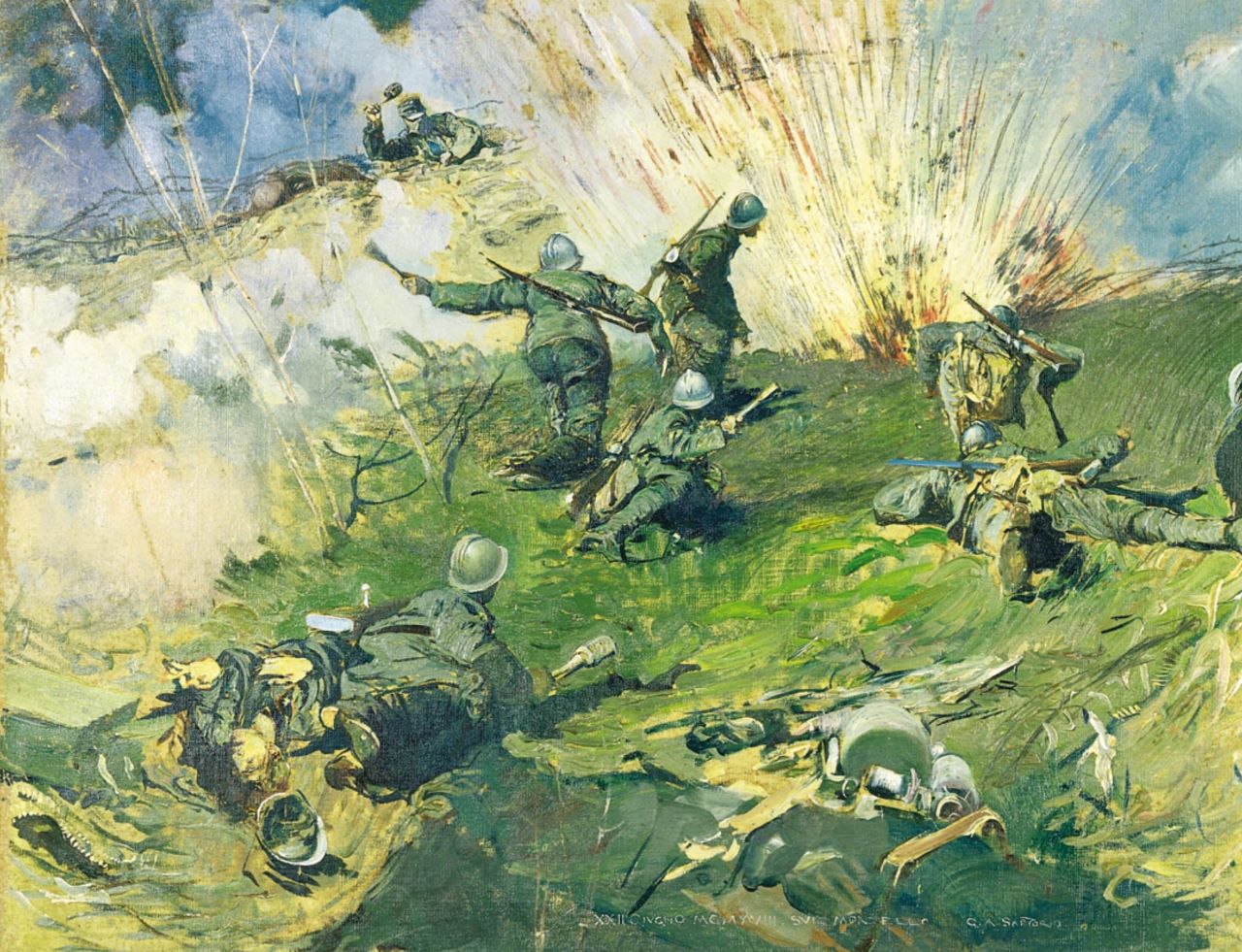 Sul Montello, Sul Montello durante l'azione austriaca, soldati in battaglia (dipinto) di Sartorio Giulio Aristide (sec. XX)