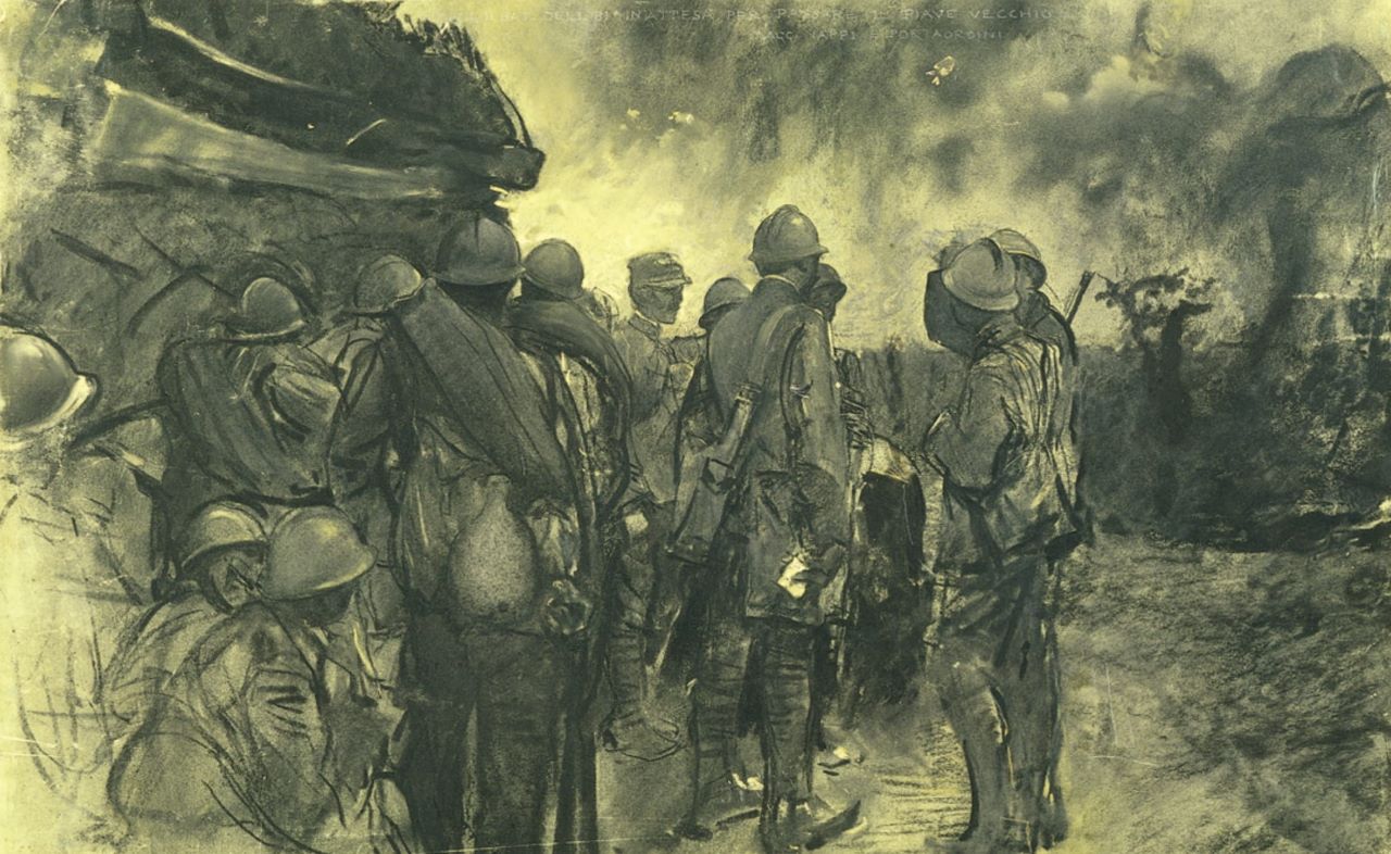 Il II Battaglione dell'81° in attesa, soldati in attesa (disegno) di Sartorio Giulio Aristide (sec. XX)