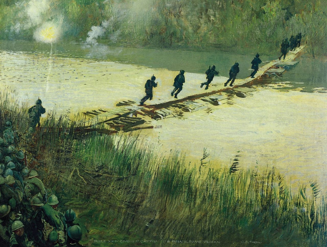 81° passa il Piave Vecchio, Il battaglione del Maggiore Tedesco passa il Piave Vecchio, soldati attraversano il fiume Piave su una passerella (dipinto) di Sartorio Giulio Aristide (sec. XX)