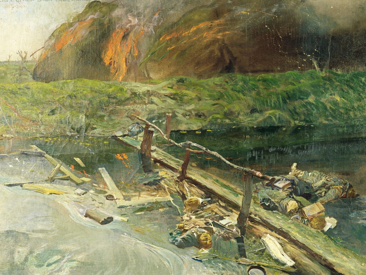 Losson Canal Palumbo, Canal Palumbo a Losson dopo la fuga austriaca, soldati morti in un canale (dipinto) di Sartorio Giulio Aristide (sec. XX)