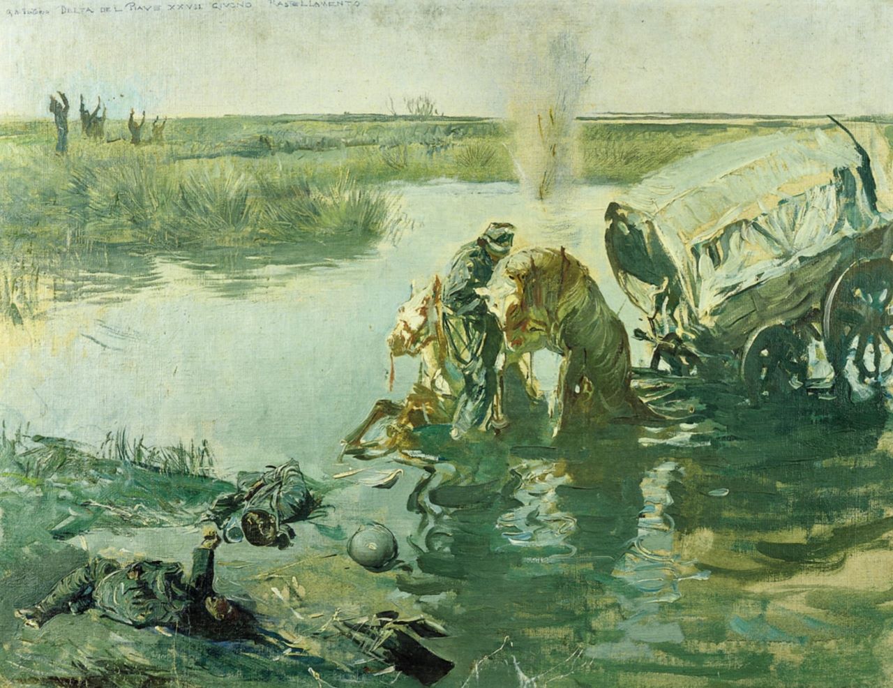 Delta del Piave, Rastrellamento dei prigionieri nel Delta del Piave, soldati catturati (dipinto) di Sartorio Giulio Aristide (sec. XX)