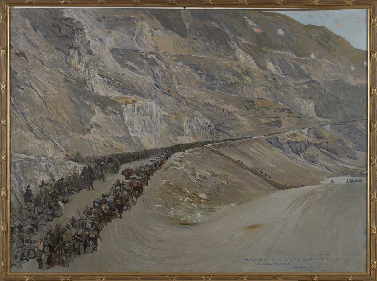 Dislocamenti di truppe in Val Frenzela, Movimenti di truppe a Val Frenzela, truppe di soldati (dipinto) di Sartorio Giulio Aristide (sec. XX)